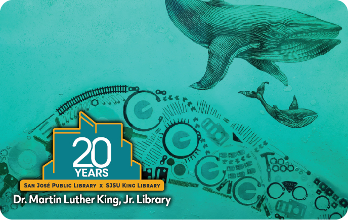 Teal whale art in the King Library Children's Room Wee Explore Playspace. Logo: King 20th Anniversary.