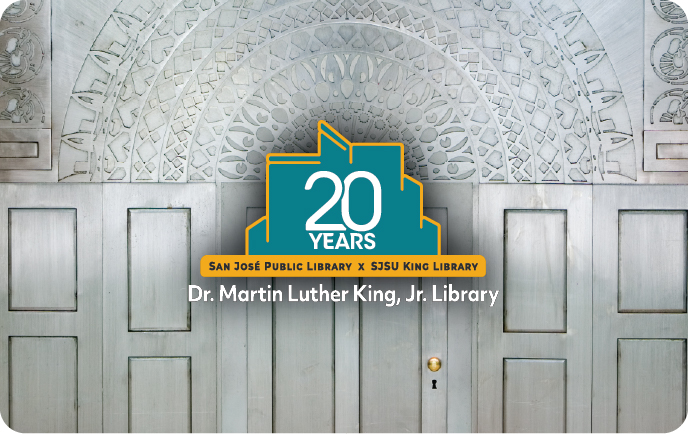 Library card design: photo of A little door surrounded by an ornate façade is located at the base of the wall of the southernmost elevator at King Library. King Library 20th Anniversary logo centered over the top.