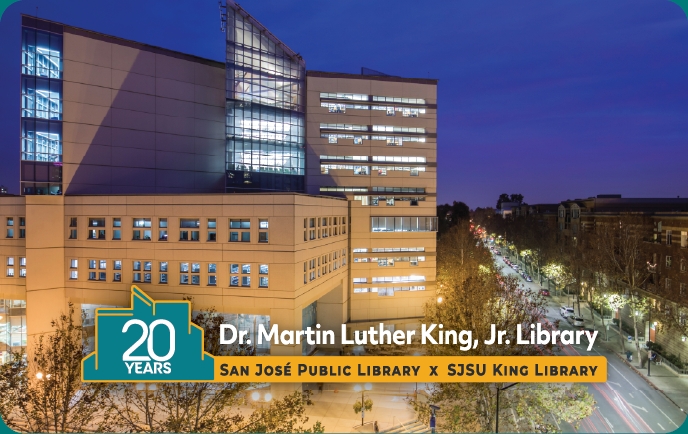 Library card design: Exterior photo of King Library at dusk. King Library 20th Anniversary logo centered over the top.
