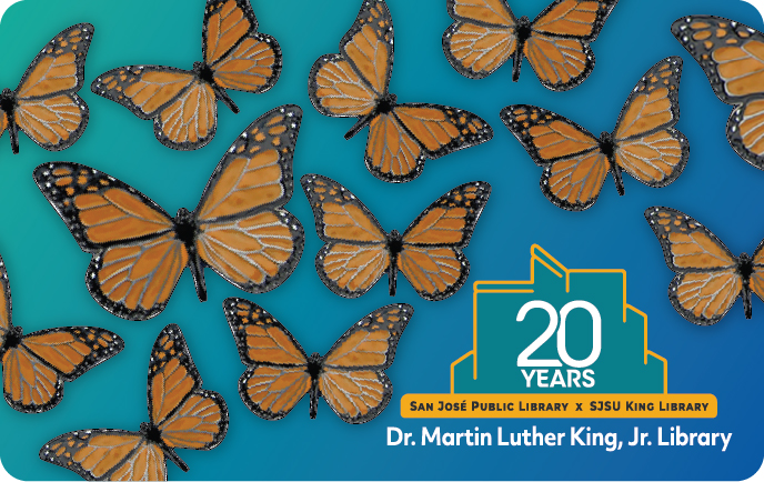 Library card design: The ascension of thousands of brilliantly colored cast metal Monarch butterflies along the brilliant blue wall of the South East stairwell at King Library. King Library 20th Anniversary logo centered over the top.