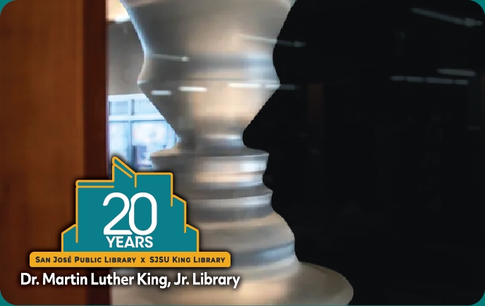 A vessel formed in the shape of the redoubled profile of Dr. Martin Luther King, Jr., emanates the colors of skin tones representing the ethnic composition of the citizens of San José. Logo: King 20th Anniversary.