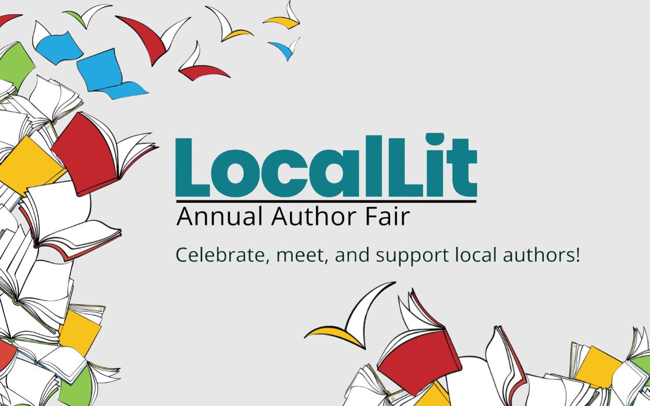 Flying red, yellow, green, and blue books. Text: LocalLit Annual Author Fair. Celebrate, meet, and support local authors!